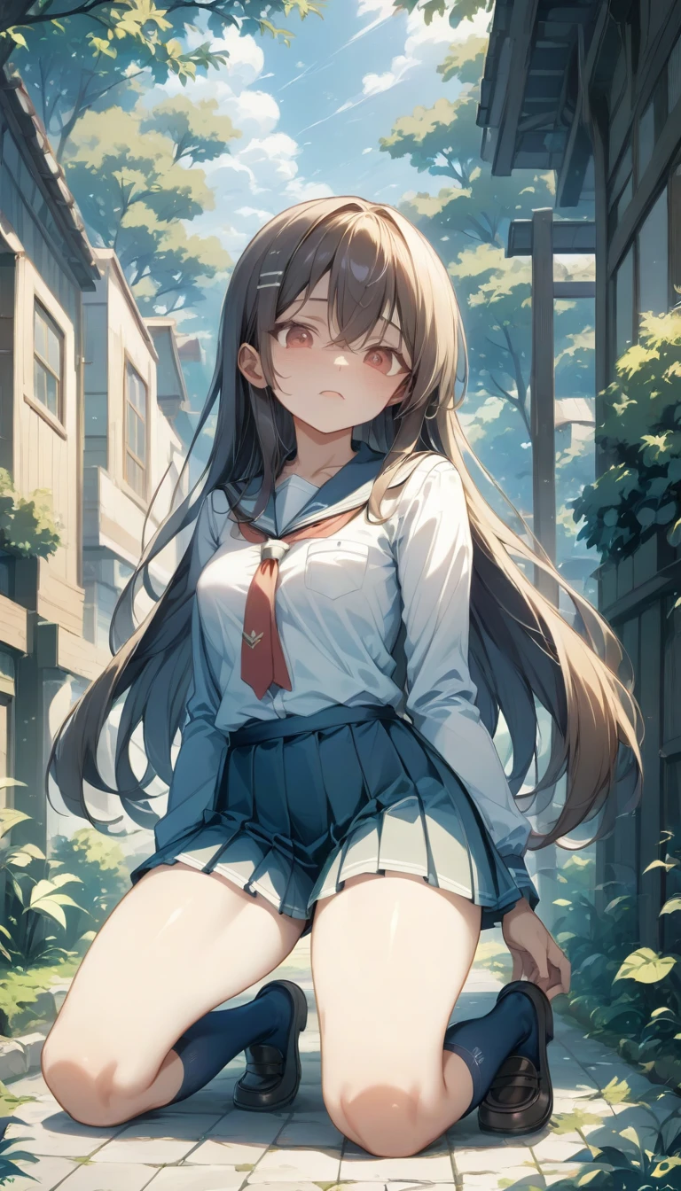 One beautiful girl、High school girl、 (((Ultra-high resolution、Ultra high definition、Highest Settings、８k、)))、(True Face)、Small breasts、clear、Alluring expression、４k、student、uniform、squat、roadside、Full body drawing、loafers、Pleated skirt、、Long Hair、The scenery reflected in my eyes、