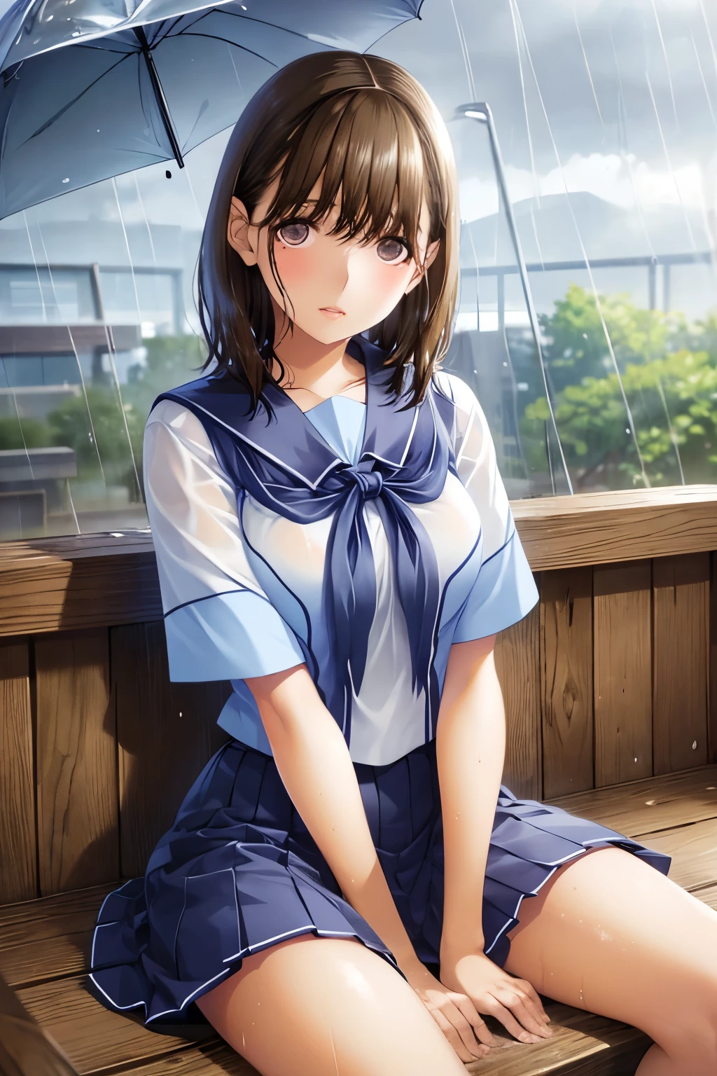 my grandmother、Shiny brown hair, Short Hair, (Beautiful brown eyes、Sparkling eyes, Fine grain)、smile、Ultra-detailed eyes、Highly detailed face, Highly detailed eyes,Cowboy Shot、
(1girl)、 Good style , (Eye highlights:1.2)、
High school girl、Shortcuts、White short sleeve shirt、((Rainy Day))((Get wet all over、Rain makes clothes transparent、))、Sitting with legs crossed、Troubled face、Very cute、