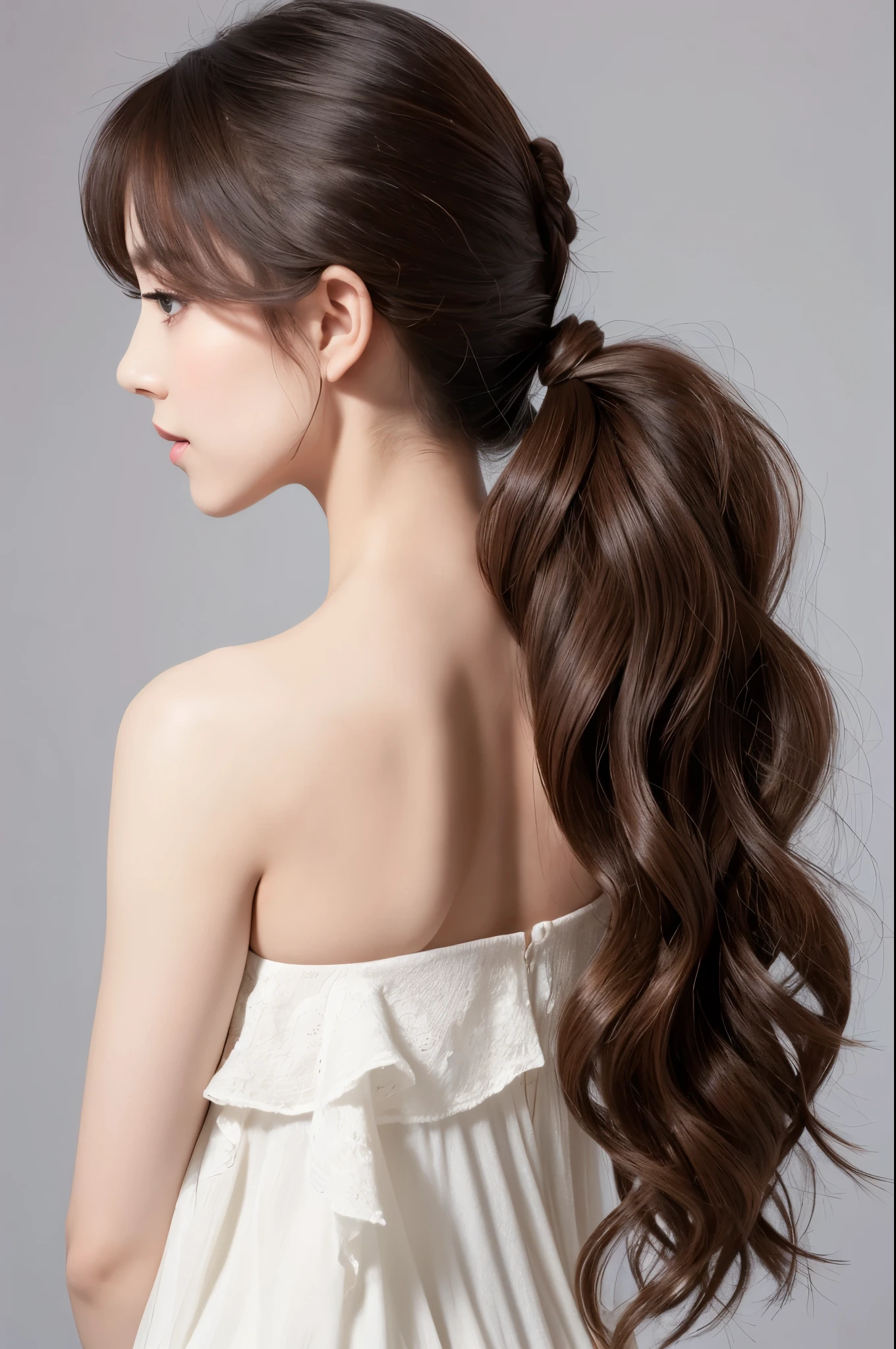 A woman with beautiful hair、Only hair、Back view、photograph、high resolution、straight、natural、White background、Smooth、Fluttering
