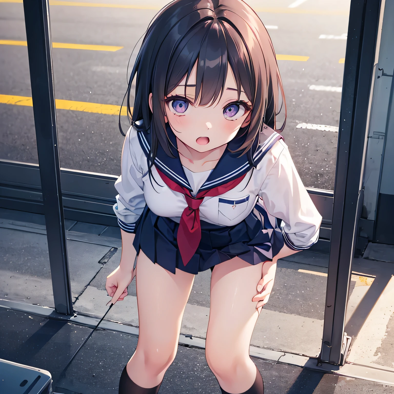 (((perfect anatomy, super detailed skin))), 1 girl, japanese, high school girl, shiny skin, large breasts:0.5, looking away, looking up, watching the view, 
beautiful hair, beautiful face, beautiful detailed eyes, (short hair:1.2, bob cut:1.2), light brown hair, blue eyes, 
beautiful clavicle, beautiful body, beautiful chest, beautiful thighs, beautiful legs, babyface, mole under eye, 
((short sleeves, navy sailor suit, navy pleated skirt, navy sailor collar, red sailor scarf, school shoes), cross necklace), seductive thighs, , 
((ahegao, ashamed, drooling, open mouth)), walking, squatting, spread legs, bending forward, ((sex toys in panties, leaking pee:1.9, leaking poop:0.6)), 
(beautiful scenery), summer, evening, street, 
8k, top-quality, masterpiece​:1.2, extremely detailed), (, photorealistic), beautiful illustration, cinematic lighting,