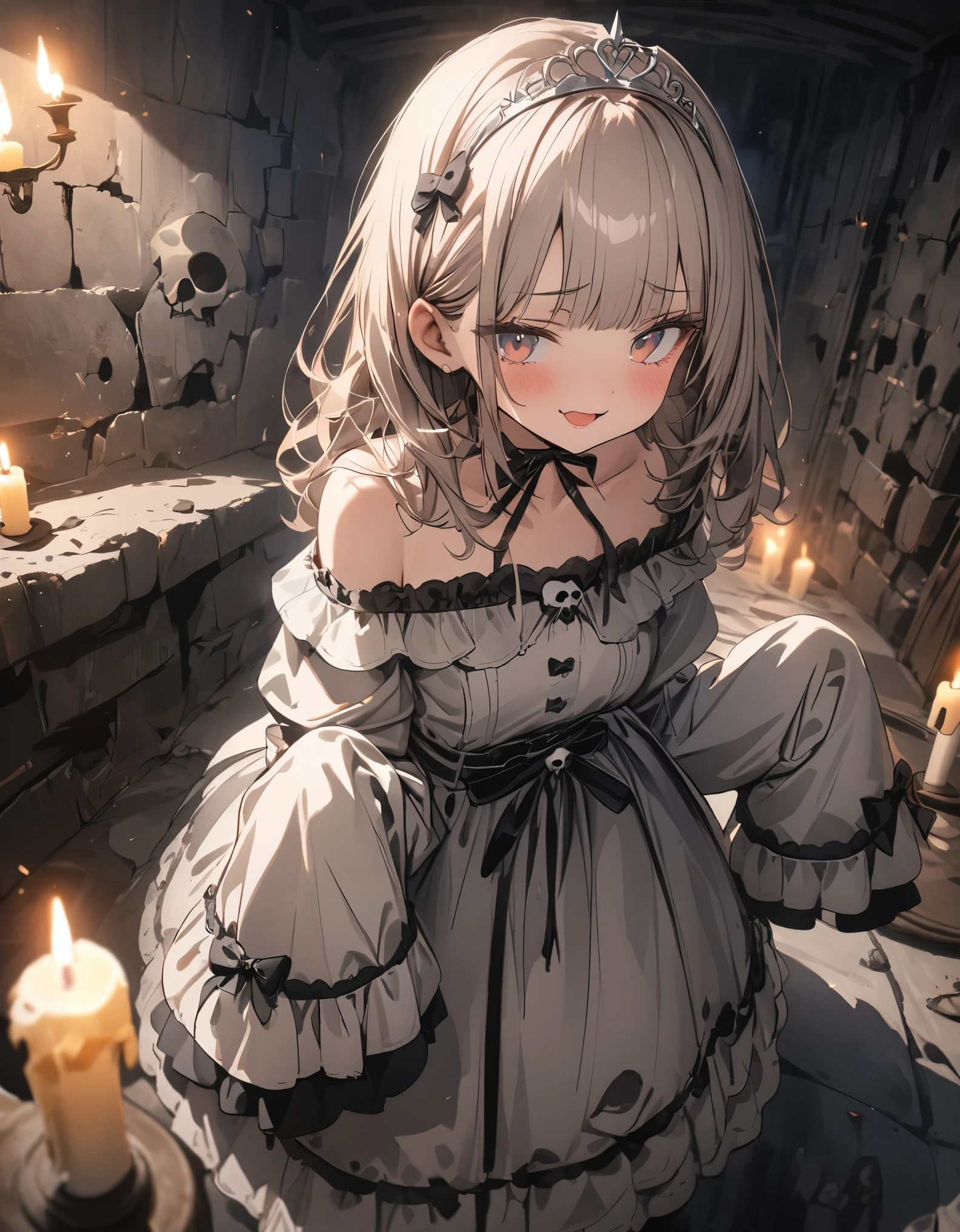 A beautiful girl both hands are tied in a prison cell with chains on her neck

She looks like mikasa from attack on titan , her dress is white but dirty she also looks dirty because she is captured and tears are in her eyes... Make her dirty yet beautiful 

 Make the background with cobblestone walls and is gloom sad and dark

