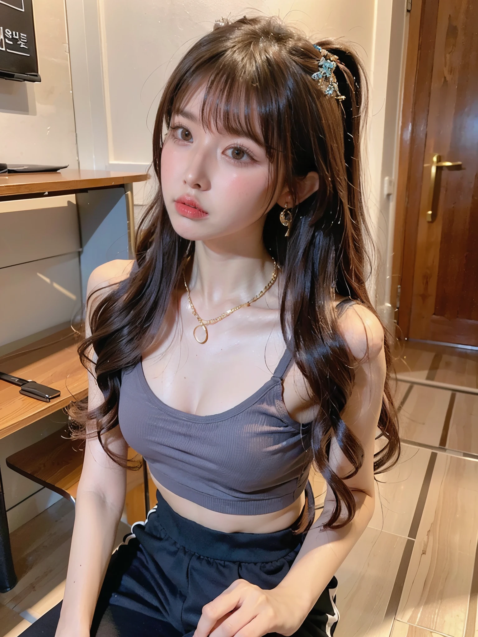 A very cute girl, Taiwanese girl,  wearing a short tight spaghetti strap t-shirt, and yoga pants, (((a cup tiny breasts))), cool expression, tsundere, tsundere expression, ((Korean style long curly hair)),((Korean style long curly hair)),  ((Korean style long curly hair)),((Korean style long curly hair)),  (((bangs))), bad girl, bad girl,  expensive gold necklace, mini earrings, wearing boutique designer clothes,(((long hair))),(((long hair))),(((long hair))),(((long hair))),(((long hair))),(((long hair))),(((long hair))),(((long hair)))