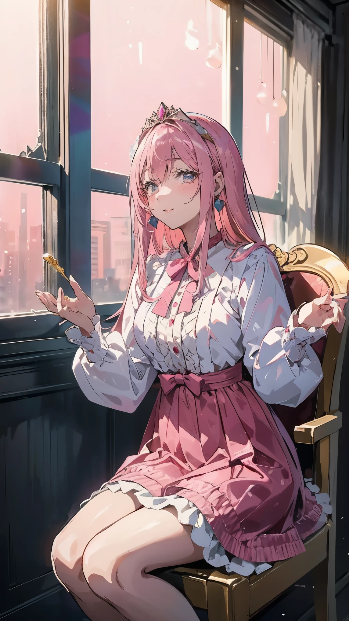 masterpiece, Best Quality, (Just concentrate), (Perfect Face:1.1), (whole body), (high detail:1.1), (Very detailed eyes),(8k, Best Quality, masterpiece: 1.2), Ultra-high resolution,,Marie Antoinette,Ultra detailed face,fine grain,Please open your mouth a little,(blonde),Long Hair,Wavy Hair, break,Rococo Ruffle Dress,Long sleeve dress,The dress has a long skirt,Baroque Dress, Intricate fantasy dress, Gorgeous glamorous dress, Romantic Dress, Ruffle Costume,lottery, Data Style, Formal Wear, Fancy Fashion, palate colors include pink and white,(pink:1.5),Class A Smile,Gold Tiara, necklace,Sit in a luxurious chair,hands on knees,(Rainbow Light:1.4),,Profile of a person looking out a window,The rosebush is reflected in the window,(Inside Victoria Palace)、Her eyes are shining、今彼女のblondeの髪は腰まで伸びている、Rose-colored gradation and three, 薄いpinkのロック. 彼女は花柄の装飾が施されたGold Tiaraを着用し、Matching Earrings, white flower choker. 彼女は金色のボタンで縁取られたフリル付きの白いストライプのpinkのトップを着ている, The white sleeves are shaped like flower buds... A magenta ribbon runs down her chest..、Tie at the back of the neck、Matching chest piece, Decorated with flowers. Her frilly skirt is divided by a white line, Fastened with a large magenta ribbon、Decorated with gold, There is a small ribbon on the back. Her mini skirt、薄いpinkのマゼンタの貝殻状の裏地と白い花のペチコートでできている. 彼女はpinkの花がついた白い手袋も着用している, 白と薄いpinkの靴には、ゆるいカフとDecorated with flowersたマゼンタのリボンがある.