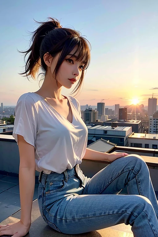 "Photorealistic, (close up:1.3, exposed face), wide angle, (side view), a Japanese young woman looking outside through the window at the sunset, wearing wet (long sleeve floral t-shirt:1.2, oversized t-shirt, hotpants), a hyperrealistic beautiful young woman with grayish blue eyes in glasses, natural sagging round breasts, high detailed official artwork, slim fit body and busty posture, long legs, attractive young woman, (attractive sitting poses:1.3, contemplative posture), sitting on a bed in a cozy bedroom with soft, messy blankets around her, warm sunset light streaming in from the window, dubnitskiy david fanart, realistic portrait, smooth photorealistic, perfect visual of a cute woman, cute woman with soft skin and delicate facial features, face focus, peaceful expression, looking outside the window at the sunset, makoto shinkai and artgerm style, photon mapping, warm color tones, vivid colors, cozy ambient, serene atmosphere, 8k and 4k resolution."
