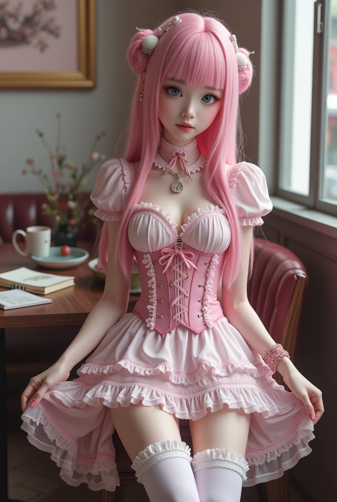 good work, (best quality), illustration, depth of field, (color),masterpiece,best quality,1girl, solo, long hair, breasts, looking at viewer, blush, smile, open mouth, bangs, large breasts, hair ornament, thighhighs, dress, bow, animal ears, cleavage, pink hair, short sleeves, :d, hair bow, heart, cowboy shot, frills, hairclip, puffy sleeves, cat ears, yellow eyes, apron, white thighhighs, two side up, puffy short sleeves, maid, maid headdress, frilled dress, pink dress, white apron, frilled apron, heart hands