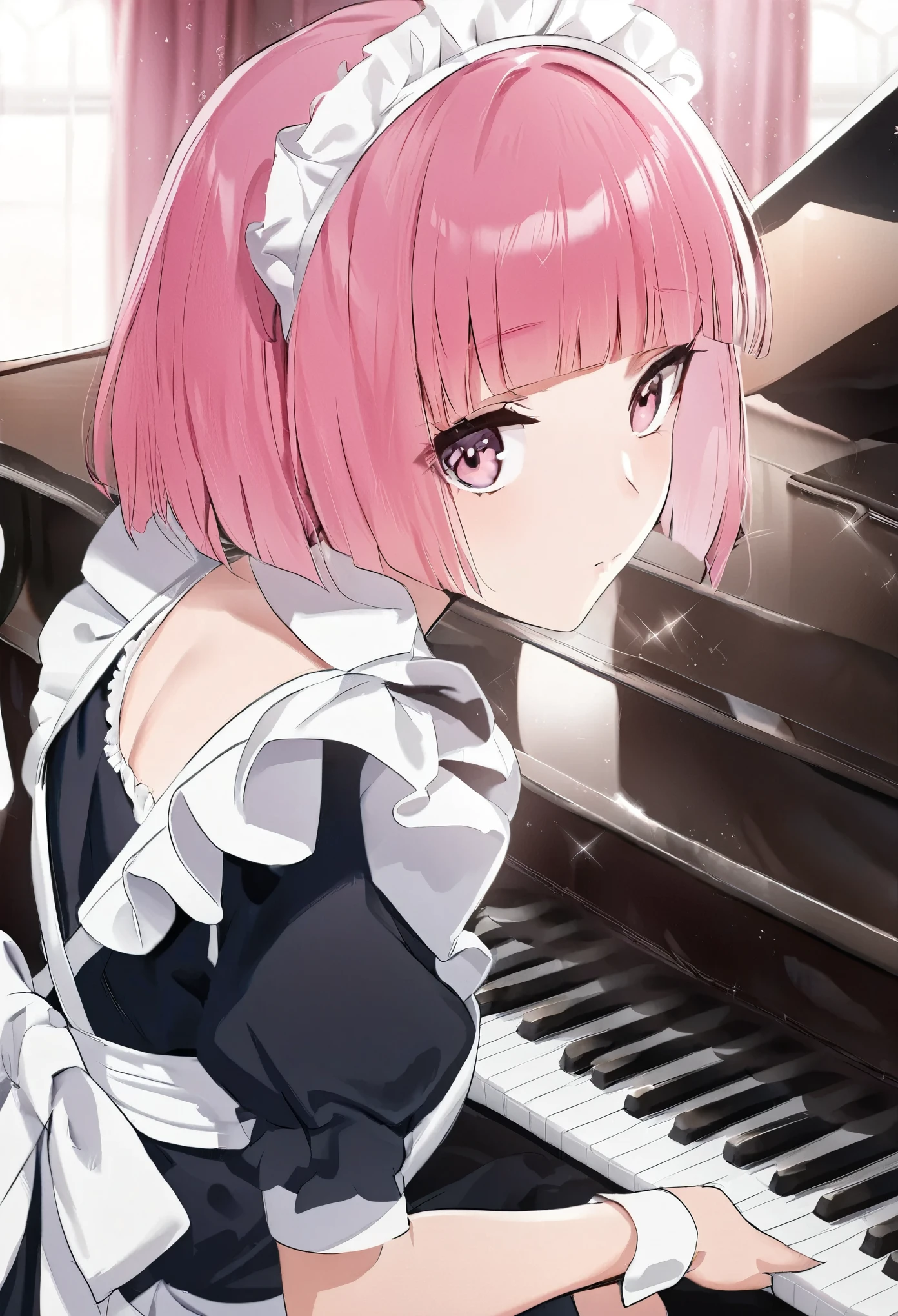 ((best quality)), ((masterpiece)), (detailed), perfect face, high detailed eyes, pink hair, hime cut, maid headdress, anime style, sparkle, Maid outfit, maid apron, Pianist, Grand Piano, Playing the piano, Maid playing piano, Beautiful girl, serious gaze, concentrating on playing