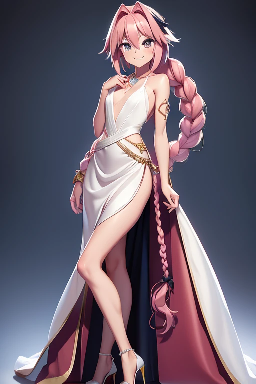 anime artwork pixar,3d style,toon,masterpiece,best quality,good shine,OC rendering,best quality,4K,super detail,1girl,((full body)),looking at viewer,standing,,Elegant and glamorous sequin gown with a plunging neckline and thigh-high slit,,light grey background,clean background,anime style,key visual,vibrant,studio anime,highly detailed,