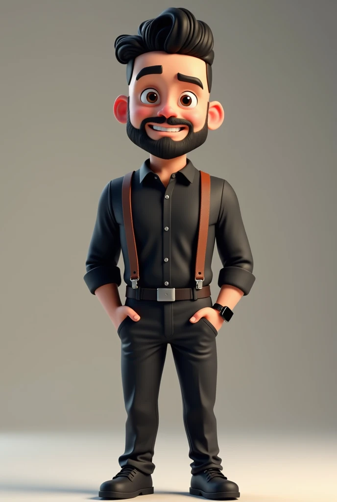 Create a stylized 3D cartoon character of a man, with fade haircut, with a small beard but (No mustache), The character must have a normal complexion, and a friendly expression. Her hair is dark black. The man is wearing a black long-sleeved shirt and dress pants with brown suspenders., black sneakers, He wears a black smartwatch. He is looking directly at the camera, not cross-eyed. The character must be rendered in a style, animation style, with a Pixar-like quality, using Arnold Maya rendering or Toon Keyshot rendering. The representation must be of high quality., with cinematic lighting, sharp focus, Detailed textures, detailed skin, clay finish and blur effects in 8K resolution.