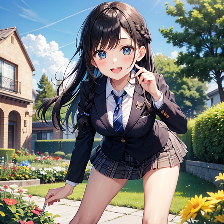 1 girl,whole body,anime girl,BROWN SKIN,long black hair,with a pompadour covering the left eye,green eyes,Blue jacket,with white shirt,shirt down jacket,Black pants,blue shoes,smiling,happy face,happy girl