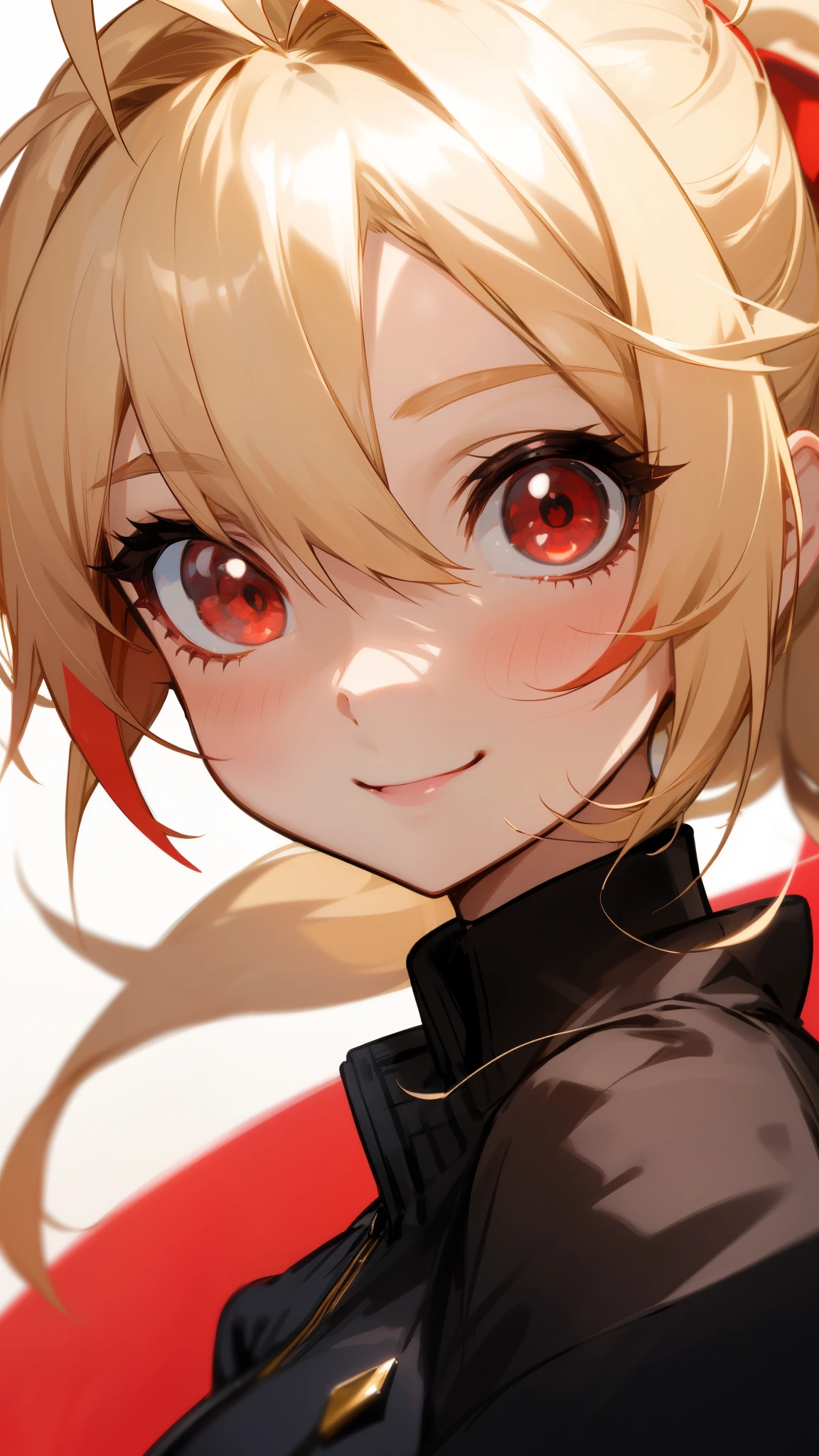 1 Female、Small breasts、Blonde ponytail、Round red eyes、Fine and beautiful skin、smile、smile、Ahoge、Upper body close-up、A detailed red rider&#39;s jacket、Wear a big jacket、Cinematic Light、Golden hour sky
