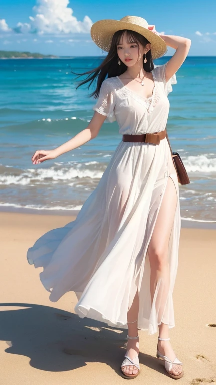  High-quality paintings, 8k, One mature woman, Pastel colors, Brown long hair, Light summer clothes,  Large Breasts, White Dress, With blue belt, Dancing in the Wind, Straw hat, Red ribbon, sandals, ストラップ付きsandals, Earrings, 紫の宝石のEarrings,Beach, Keep your hat on, 左手でKeep your hat on, A strong wind is blowing, Detailed illustration art, 
