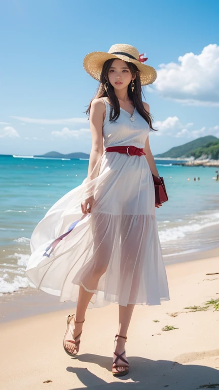  High-quality paintings, 8k, One mature woman, Pastel colors, Brown long hair, Light summer clothes,  Large Breasts, White Dress, With blue belt, Dancing in the Wind, Straw hat, Red ribbon, sandals, ストラップ付きsandals, Earrings, 紫の宝石のEarrings,Beach, Keep your hat on, 左手でKeep your hat on, A strong wind is blowing, Detailed illustration art, 
