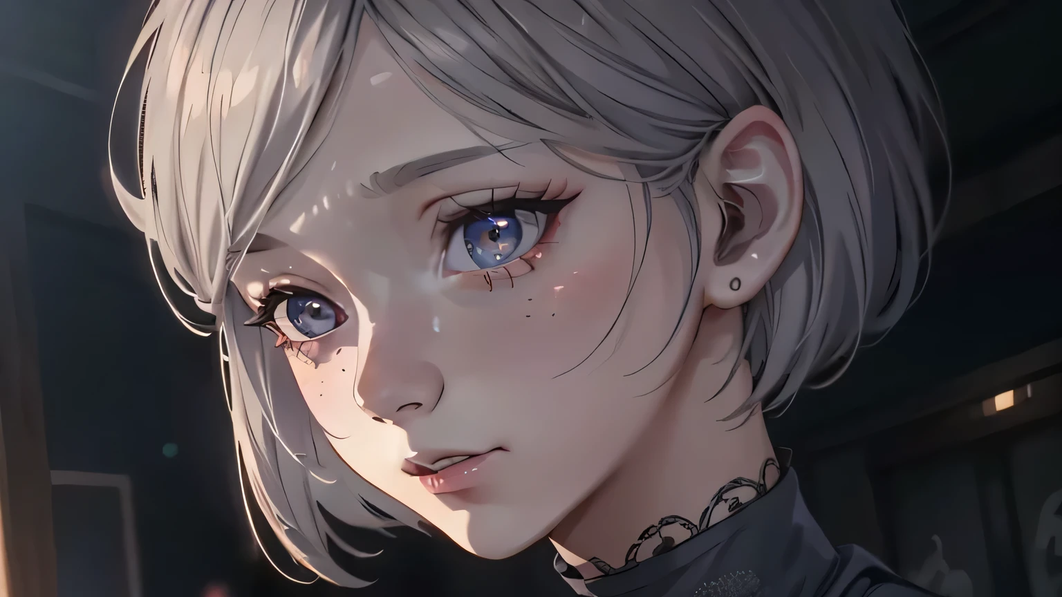 1girl, beautiful detailed eyes, beautiful detailed lips, extremely detailed face, long eyelashes, white hair, tokyo ghoul, anime style, cinematic lighting, dramatic colors, chiaroscuro, highly detailed, intricate, hyper realistic, 8k, photorealistic, masterpiece, professional