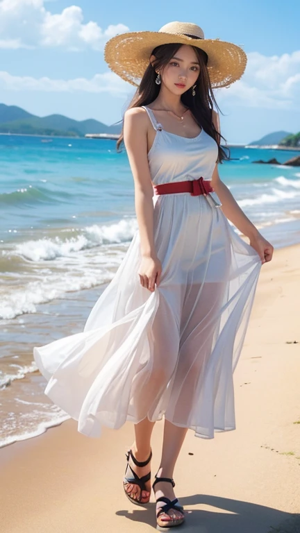  High-quality paintings, 8k, One mature woman, Pastel colors, Brown long hair, Light summer clothes,  Large Breasts, White Dress, With blue belt, Dancing in the Wind, Straw hat, Red ribbon, sandals, ストラップ付きsandals, Earrings, 紫の宝石のEarrings,Beach, Keep your hat on, 左手でKeep your hat on, A strong wind is blowing, Detailed illustration art, 
