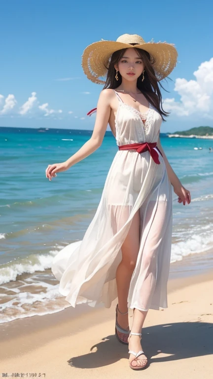  High-quality paintings, 8k, One mature woman, Pastel colors, Brown long hair, Light summer clothes,  Large Breasts, White Dress, With blue belt, Dancing in the Wind, Straw hat, Red ribbon, sandals, ストラップ付きsandals, Earrings, 紫の宝石のEarrings,Beach, Keep your hat on, 左手でKeep your hat on, A strong wind is blowing, Detailed illustration art, 
