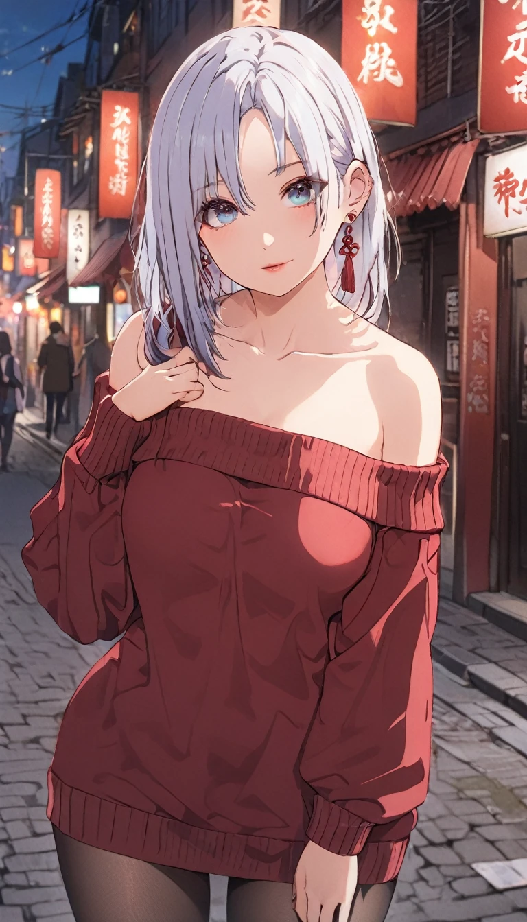 1 women, BREAK bare shoulders, collarbone, dress, long sleeves, off shoulder, off-shoulder dress, off-shoulder sweater, pantyhose, red sweater, sweater, sweater dress, thighs, long legs, big , skinny legs, anime cover, full body, shenhe, blue eyes, braided ponytail, earrings, eyelashes, eyeliner, eyes visible through hair, eyeshadow, hair between eyes, makeup, red eyeshadow, sidelocks, single earring, symbol-shaped pupils, tassel, tassel earrings, white hair, long hair, night , street, best quality, masterpiece), 1women ,4k, 8k, uhd, hdr, detailed background,mature female