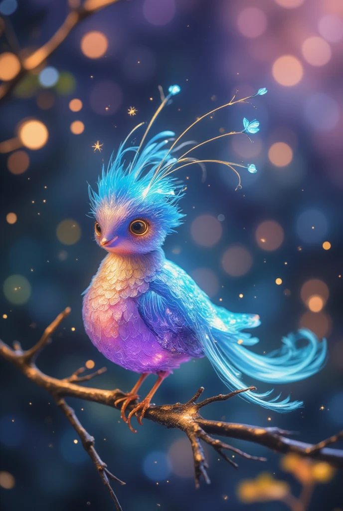 Create an ethereal, luminous bird with fluorescent feathers in shades of blue, purple, and white, perched on slender, swirling branches. The bird should have an otherworldly glow, with its body and wings glowing, giving it a magical feel of, celestial bodies appear. Surround the birds with a dreamy, cosmic background featuring bright colors such as deep blues, violets, and oranges. Incorporating swirls, thin clouds and light trails give a sense of movement and illusion feeling. Add subtle sparkles and glowing orbs to enhance the mysterious atmosphere. The overall composition should be whimsical, enchanting, and filled with a sense of wonder and serenity.