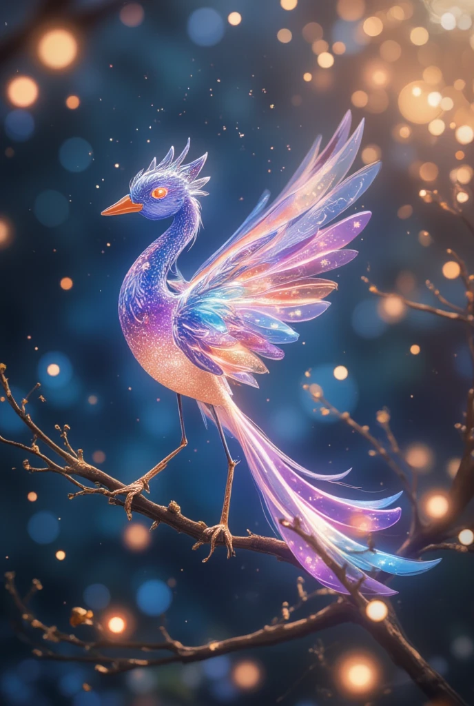 Create an ethereal, luminous bird with fluorescent feathers in shades of blue, purple, and white, perched on slender, swirling branches. The bird should have an otherworldly glow, with its body and wings glowing, giving it a magical feel of, celestial bodies appear. Surround the birds with a dreamy, cosmic background featuring bright colors such as deep blues, violets, and oranges. Incorporating swirls, thin clouds and light trails give a sense of movement and illusion feeling. Add subtle sparkles and glowing orbs to enhance the mysterious atmosphere. The overall composition should be whimsical, enchanting, and filled with a sense of wonder and serenity.