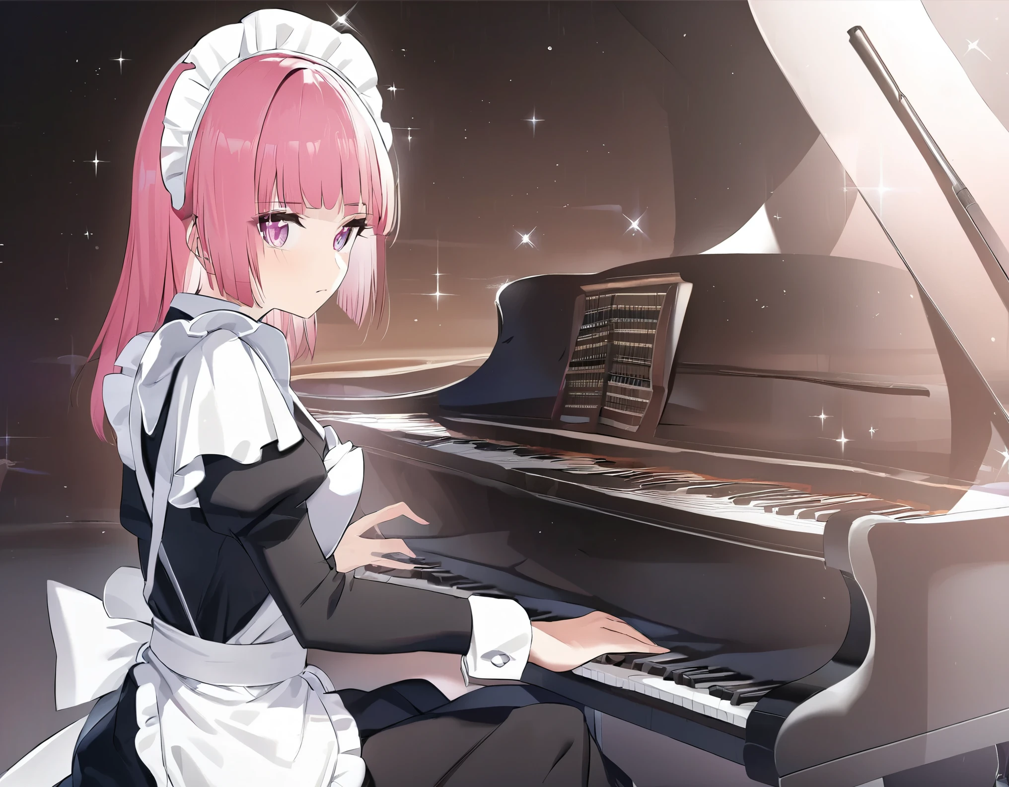 ((Best Quality)), ((masterpiece)), (detailed), Perfect Face, high detailed eyes, Pink Hair, Hime cut, Maid&#39;s Headdress, Anime Style, Sparkle, Maid uniform, Maid Apron, pianist, Grand Piano, Playing the piano, Playing the pianoメイド, beautiful girl, Serious gaze, Concentrate on playing