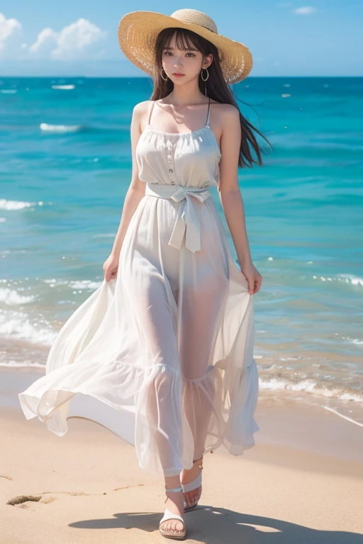  High-quality paintings, 8k, One mature woman, Pastel colors, Brown long hair, Light summer clothes,  Large Breasts, White Dress, With blue belt, Dancing in the Wind, Straw hat, Red ribbon, sandals, ストラップ付きsandals, Earrings, 紫の宝石のEarrings,Beach, Keep your hat on, 左手でKeep your hat on, A strong wind is blowing, Detailed illustration art, 
