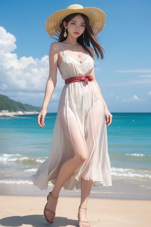 (8k, RAW photo, best quality, masterpiece:1.2), (realistic, photo-realistic:1.4), (extremely detailed 8k wallpaper), Japanese 20 age woman, she is wearing a white dress,The background is the sea,The wind blows my skirt up,she is smiling,ponytail,My skirt floats up in the wind and I can see my underwear.,I'm wearing a straw hat, but it looks like it's going to be blown away by the wind,The size of the straw hat is normal size.