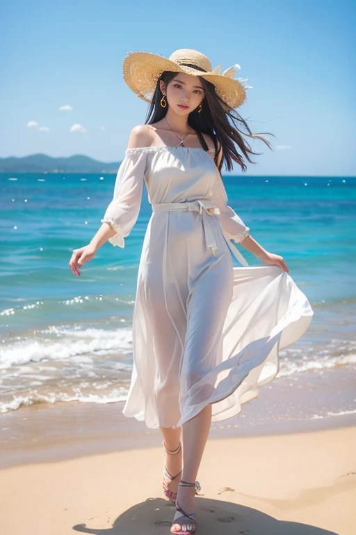  High-quality paintings, 8k, One mature woman, Pastel colors, Brown long hair, Light summer clothes,  Large Breasts, White Dress, With blue belt, Dancing in the Wind, Straw hat, Red ribbon, sandals, ストラップ付きsandals, Earrings, 紫の宝石のEarrings,Beach, Keep your hat on, 左手でKeep your hat on, A strong wind is blowing, Detailed illustration art, 
