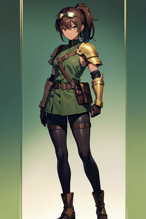 Anime Art、Full body portrait、Characters of the early modern period、Dark-skinned woman、Background blank、A tall female pilot with dark skin, standing upright, about 175 cm tall, about 3, wearing a dark green military uniform and dark green shorts、Wears large goggles on his forehead、She is wearing black tights that cover her lower body.、military boots、Hairstyle: short ponytail、Brown Hair、almond eyed、Dark green eyes、Expressionless、Wearing a belt pouch、Wearing leather gloves、Shoulder Armor、Elbow Armor