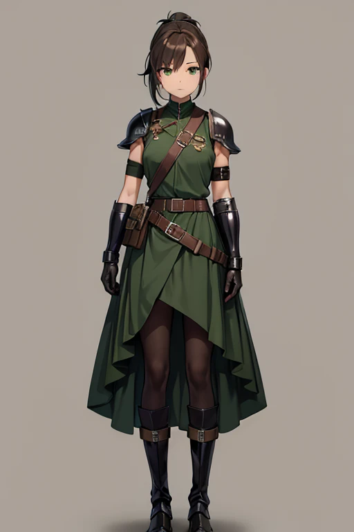 Anime Art、Full body portrait、Characters of the early modern period、Dark-skinned woman、Background blank、A tall female pilot with dark skin, standing upright, about 175 cm tall, about 3, wearing a dark green military uniform and dark green shorts、Wears large goggles on his forehead、She is wearing black tights that cover her lower body.、military boots、Hairstyle: short ponytail、Brown Hair、almond eyed、Dark green eyes、Expressionless、Wearing a belt pouch、Wearing leather gloves、Shoulder Armor、Elbow Armor