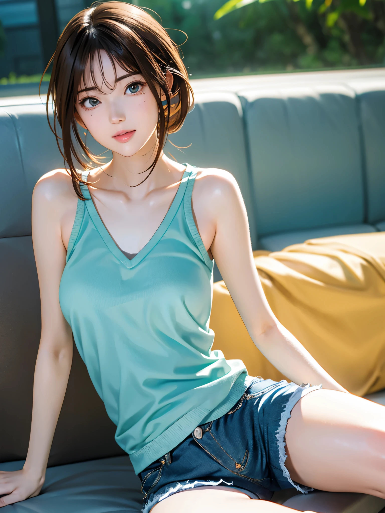 High resolution, 8k, Best Quality, detailed, Semi-realistic anime, 3D anime style, Smooth anime CG, One Girl, 20 year old Japanese woman, slim, Modeling, Shiny brown hair, detailedな顔, Beautiful and detailed, Glowing Skin, Hard Focus、Film Grain, Soft Lighting, Watch the audience, Laughter,Turquoise knit tank top、Green shorts、Sitting on the couch