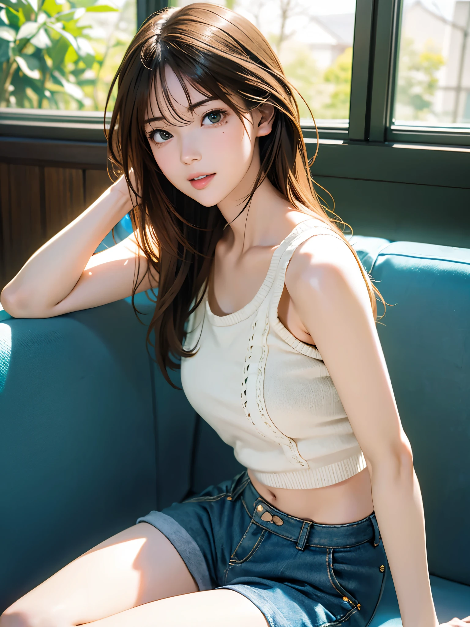 High resolution, 8k, Best Quality, detailed, Semi-realistic anime, 3D anime style, Smooth anime CG, One Girl, 20 year old Japanese woman, slim, Modeling, Shiny brown hair, detailedな顔, Beautiful and detailed, Glowing Skin, Hard Focus、Film Grain, Soft Lighting, Watch the audience, Laughter,Turquoise knit tank top、Green shorts、Sitting on the couch