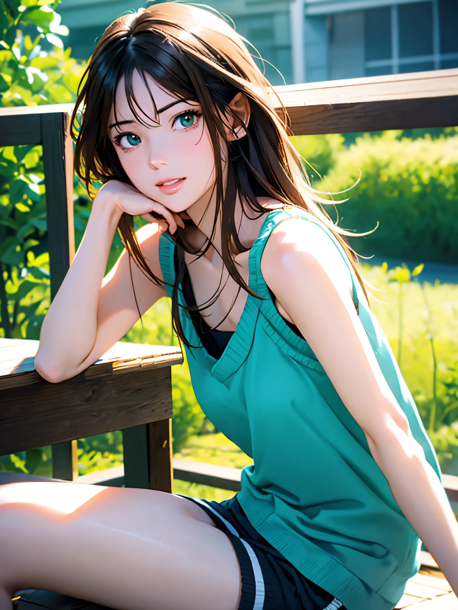 High resolution, 8k, Best Quality, detailed, Semi-realistic anime, 3D anime style, Smooth anime CG, One Girl, 20 year old Japanese woman, slim, Modeling, Shiny brown hair, detailedな顔, Beautiful and detailed, Glowing Skin, Hard Focus、Film Grain, Soft Lighting, Watch the audience, Laughter,Turquoise knit tank top、Green shorts、Sitting on the couch