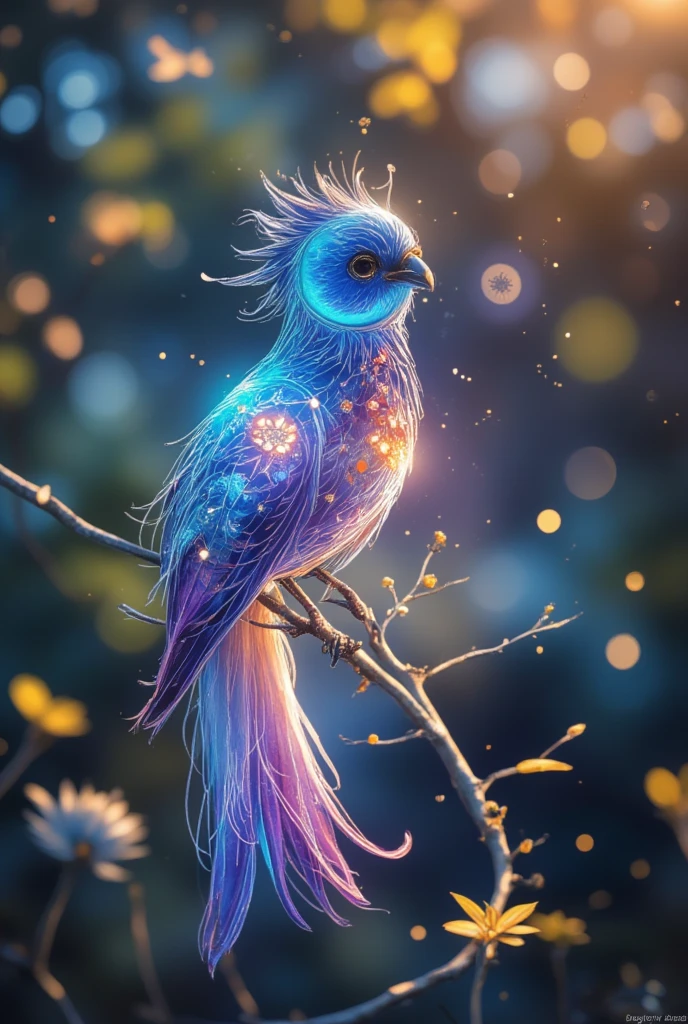 Create an ethereal, luminous bird with fluorescent feathers in shades of blue, purple, and white, perched on slender, swirling branches. The bird should have an otherworldly glow, with its body and wings glowing, giving it a magical feel of, celestial bodies appear. Surround the birds with a dreamy, cosmic background featuring bright colors such as deep blues, violets, and oranges. Incorporating swirls, thin clouds and light trails give a sense of movement and illusion feeling. Add subtle sparkles and glowing orbs to enhance the mysterious atmosphere. The overall composition should be whimsical, enchanting, and filled with a sense of wonder and serenity.