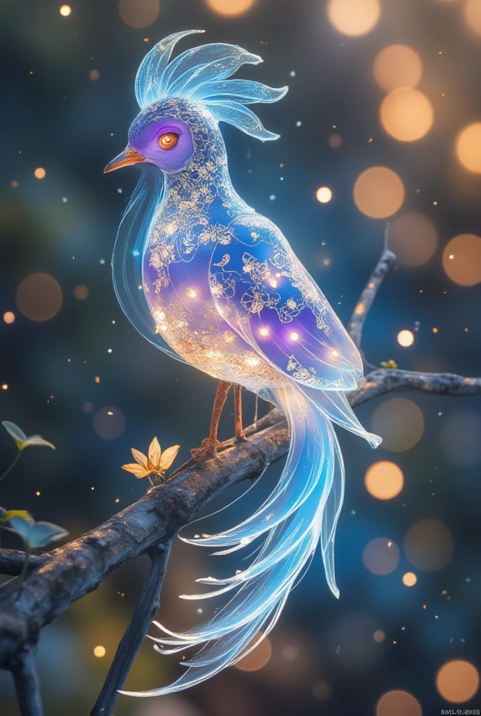 Create an ethereal, luminous bird with fluorescent feathers in shades of blue, purple, and white, perched on slender, swirling branches. The bird should have an otherworldly glow, with its body and wings glowing, giving it a magical feel of, celestial bodies appear. Surround the birds with a dreamy, cosmic background featuring bright colors such as deep blues, violets, and oranges. Incorporating swirls, thin clouds and light trails give a sense of movement and illusion feeling. Add subtle sparkles and glowing orbs to enhance the mysterious atmosphere. The overall composition should be whimsical, enchanting, and filled with a sense of wonder and serenity.