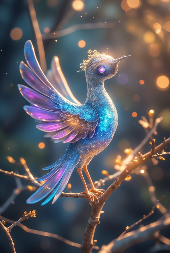 Create an ethereal, luminous bird with fluorescent feathers in shades of blue, purple, and white, perched on slender, swirling branches. The bird should have an otherworldly glow, with its body and wings glowing, giving it a magical feel of, celestial bodies appear. Surround the birds with a dreamy, cosmic background featuring bright colors such as deep blues, violets, and oranges. Incorporating swirls, thin clouds and light trails give a sense of movement and illusion feeling. Add subtle sparkles and glowing orbs to enhance the mysterious atmosphere. The overall composition should be whimsical, enchanting, and filled with a sense of wonder and serenity.