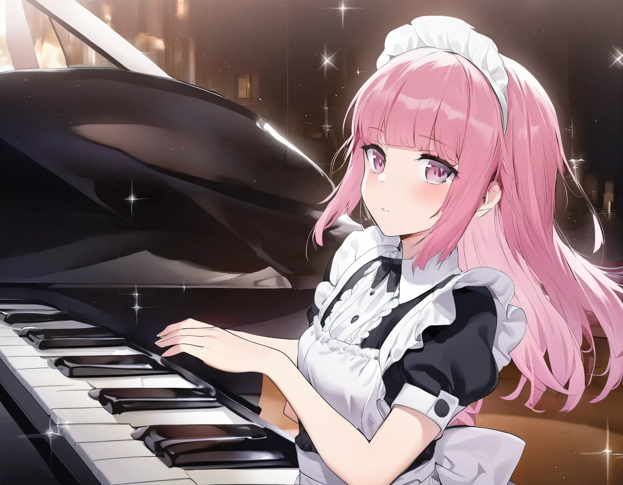 ((best quality)), ((masterpiece)), (detailed), perfect face, high detailed eyes, pink hair, hime cut, maid headdress, anime style, sparkle, Maid outfit, maid apron, Jazz Pianist, Jazz Piano, Playing the piano, Maid playing piano, jazz, jazz bar, Beautiful girl, concentrating on playing