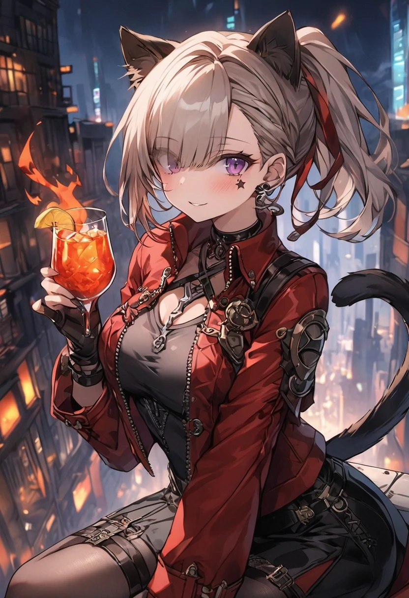 (masterpiece, best quality:1.2), red glowing eyes, red eyes, the eyes are red, perfect face, , strong make up, highres, 1 girl, solo, ultra long ponytail, (female:1.5), strife, blonde hair, shoulder armor, sleeveless turtleneck, suspenders, belt, gloves, bracer pre potent smile, crossing legs, crossing arms , evil smile, evil pose, sitting, portrait, looking at viewer, Her hair is streaked with lots red and blonde highlights, tribal tattoo on the shoulder