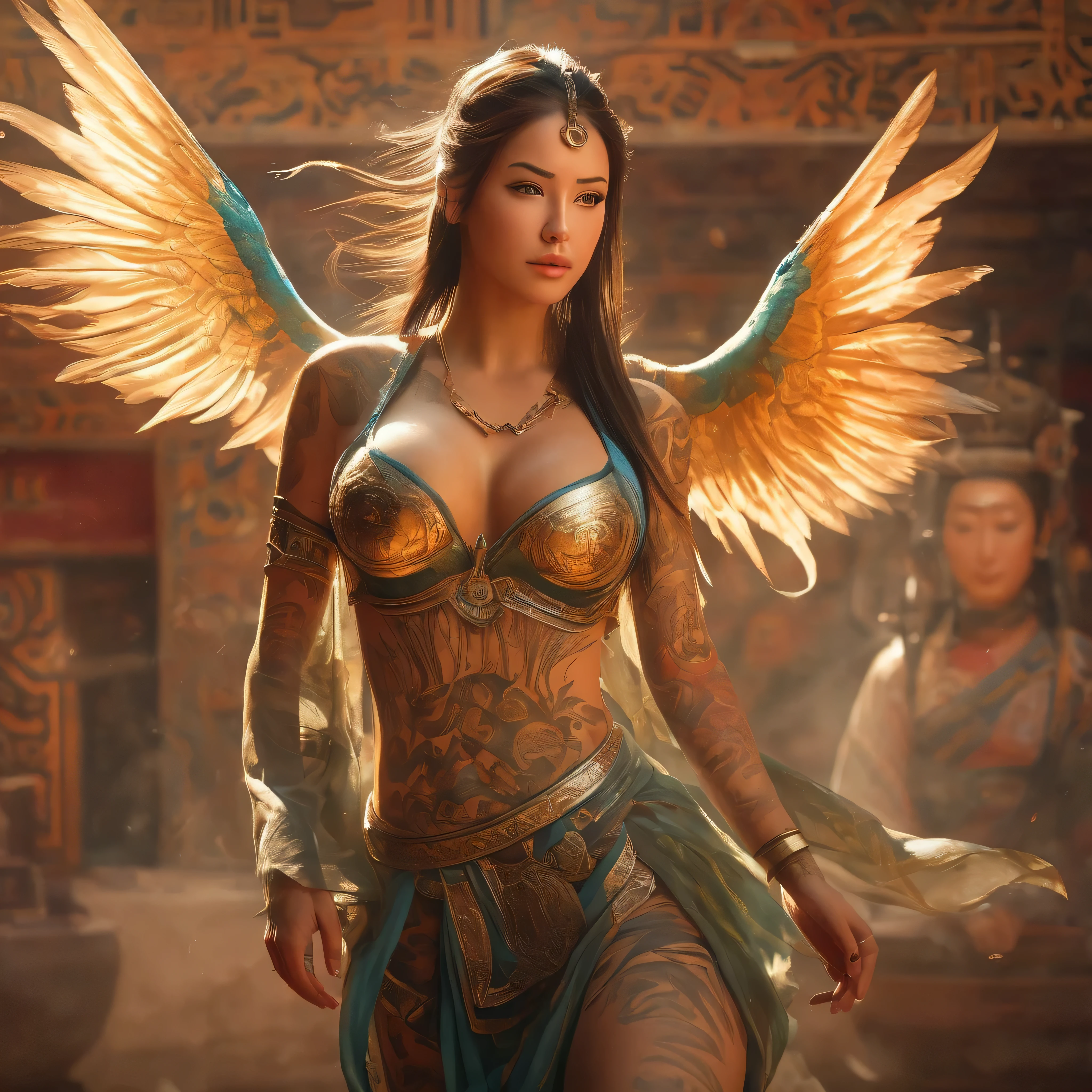 aurence bedard, (RAW Photo, Best Quality), (Realistic, Photo Realistic: 1.3), Best Quality, Highly Detailed, Masterpiece, Hyperdetail, Illustration, 1 Girl, Dynamic Angle, World Masterpiece Theater, messy_long_hair, Best Quality, Very Detailed CG Unity 8k Wallpaper, Ink, Amazing, Cinematic Lighting, lens_flare, Full Body Image: 1.2, dunhuang_style, Flying: 1.2