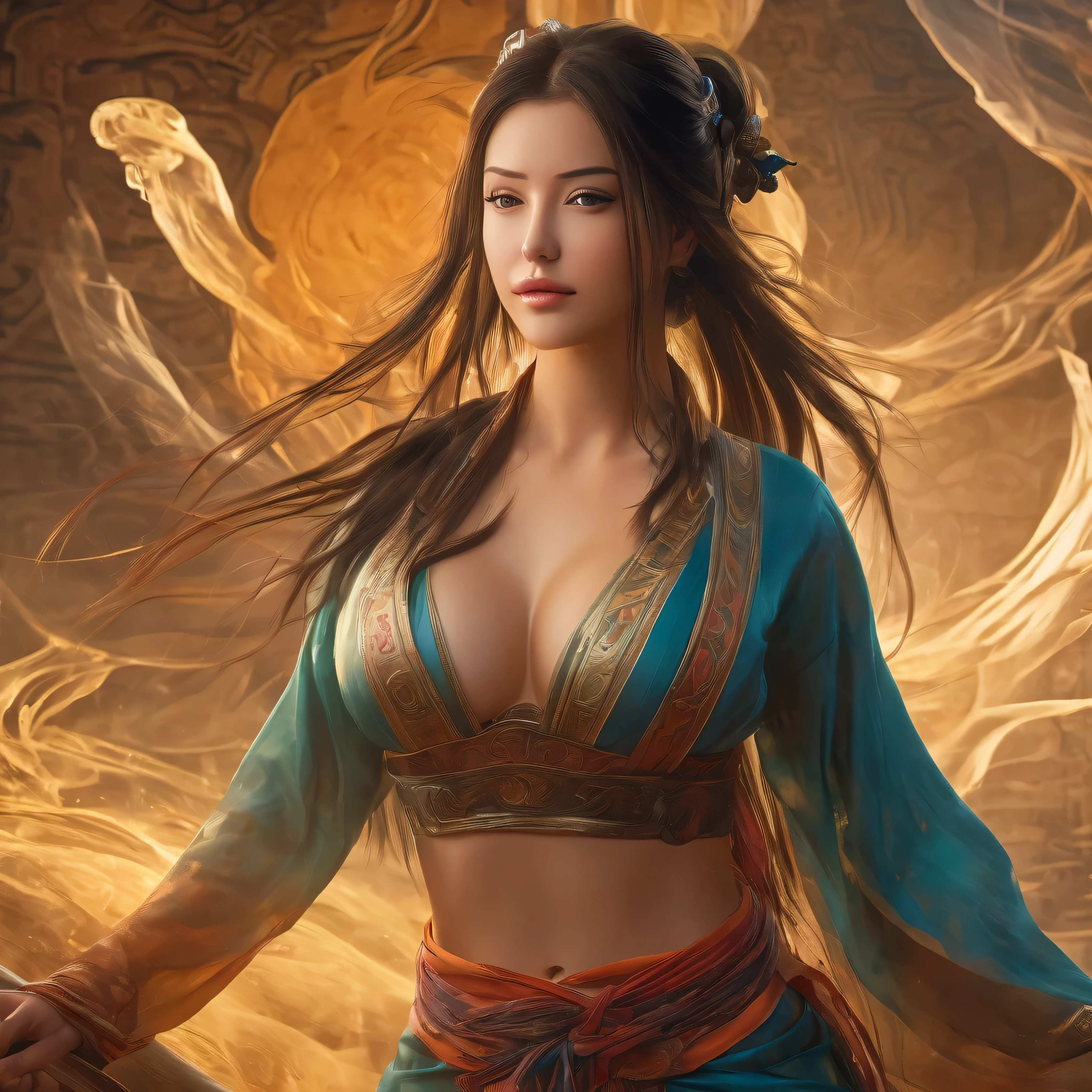 aurence bedard, (RAW Photo, Best Quality), (Realistic, Photo Realistic: 1.3), Best Quality, Highly Detailed, Masterpiece, Hyperdetail, Illustration, 1 Girl, Dynamic Angle, World Masterpiece Theater, messy_long_hair, Best Quality, Very Detailed CG Unity 8k Wallpaper, Ink, Amazing, Cinematic Lighting, lens_flare, Full Body Image: 1.2, dunhuang_style, Flying: 1.2