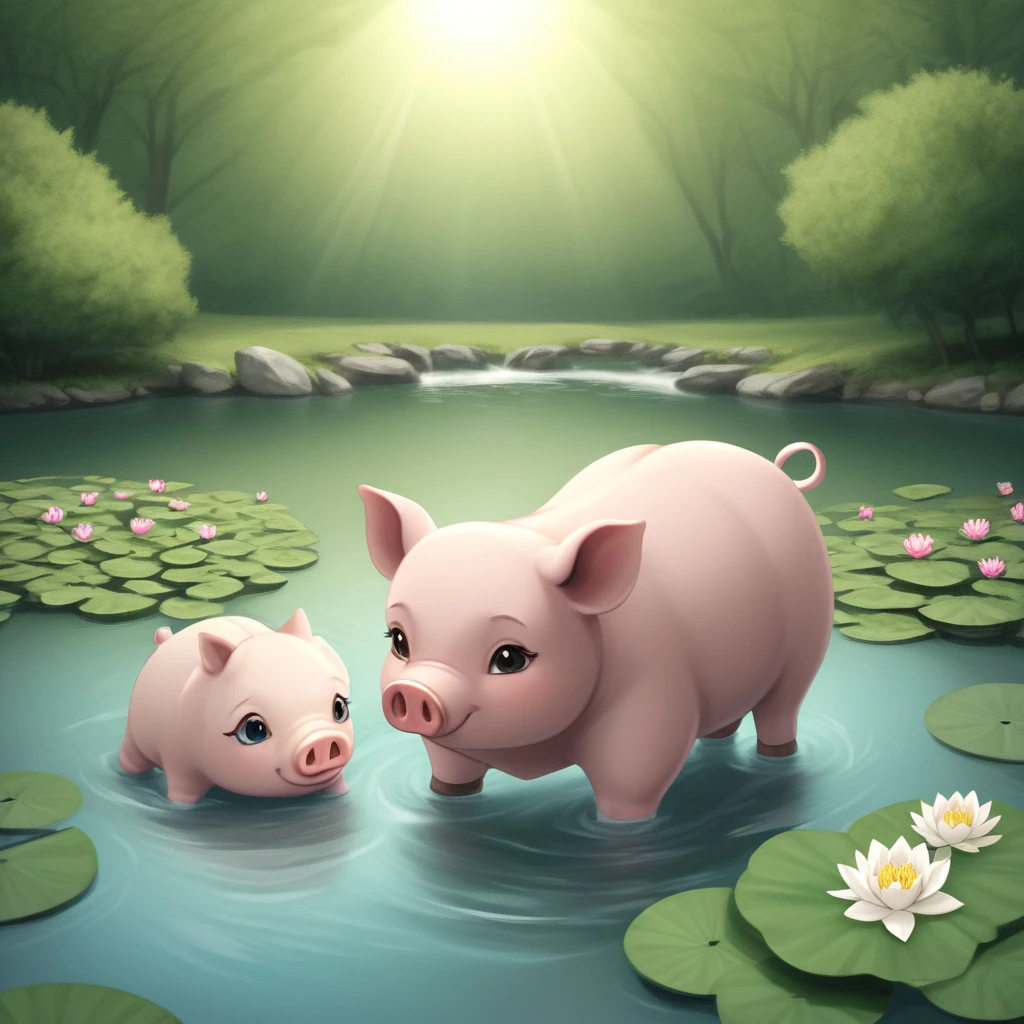 A pond full of lotus flowers、Cute cow and pig couple meditating while looking at the lotus flowers floating in the pond、Cow and pig paying in advance、Cow and pig wearing korean hanbok,Heaven and the world have strong self-esteem、Mysterious sunlight、Realistic