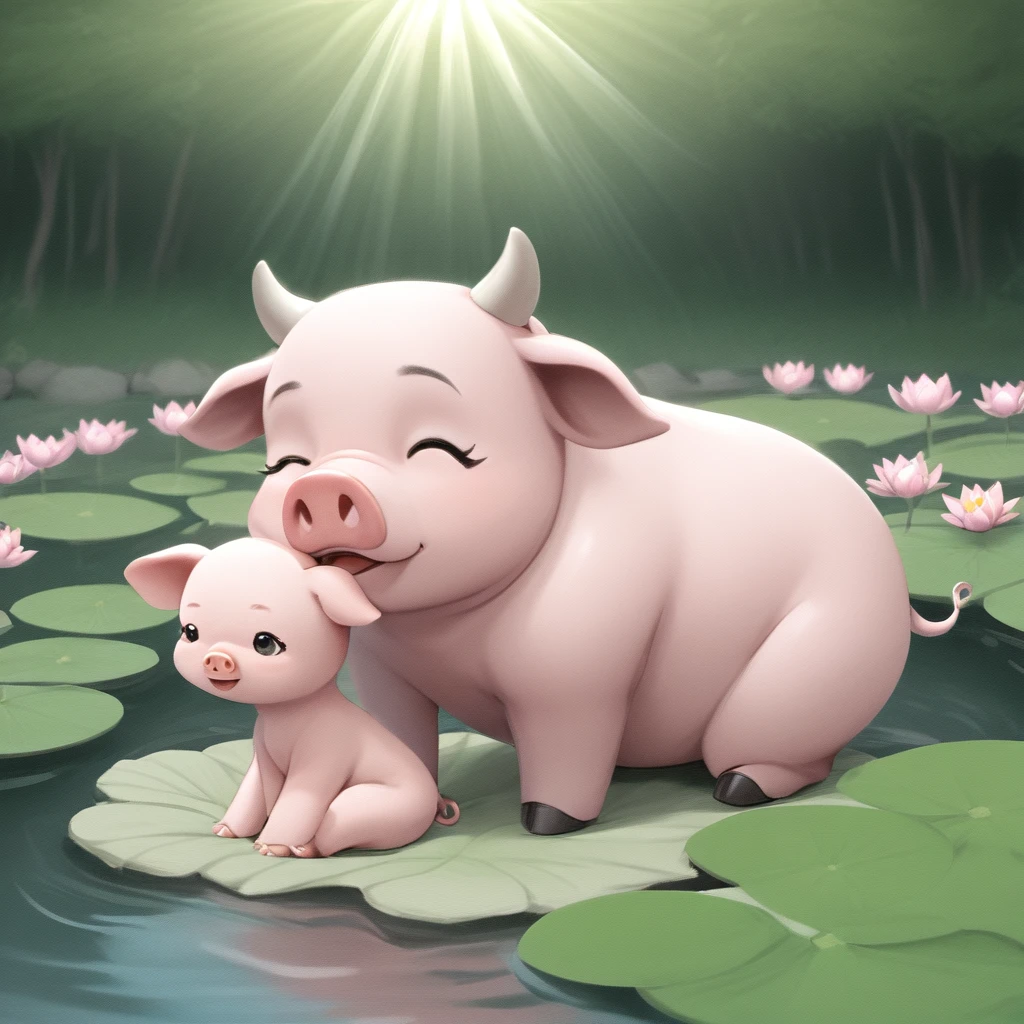 A pond full of lotus flowers、Cute cow and pig couple meditating while looking at the lotus flowers floating in the pond、Cow and pig paying in advance、Cow and pig wearing korean hanbok,Heaven and the world have strong self-esteem、Mysterious sunlight、Realistic