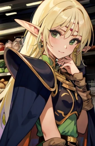 (masterpiece, Best Quality, Very detailed:1.5) Break 1 Girl, Solo Focus, A girl eating dumplings at a supermarket jiaozi ANI_Classic_Deedlit_myself, www.myself.with, Pointy Ears, Blonde, Long Hair, Elf, Circlet, Green Eyes, long Pointy Ears, very Long Hair, chest, medium chest, Earrings, lips, compensate, bangs, Cape, armor, blue Cape, shoulder armor, Pauldron, gloves, Breastplate, belt, Green Dress, Short dress,