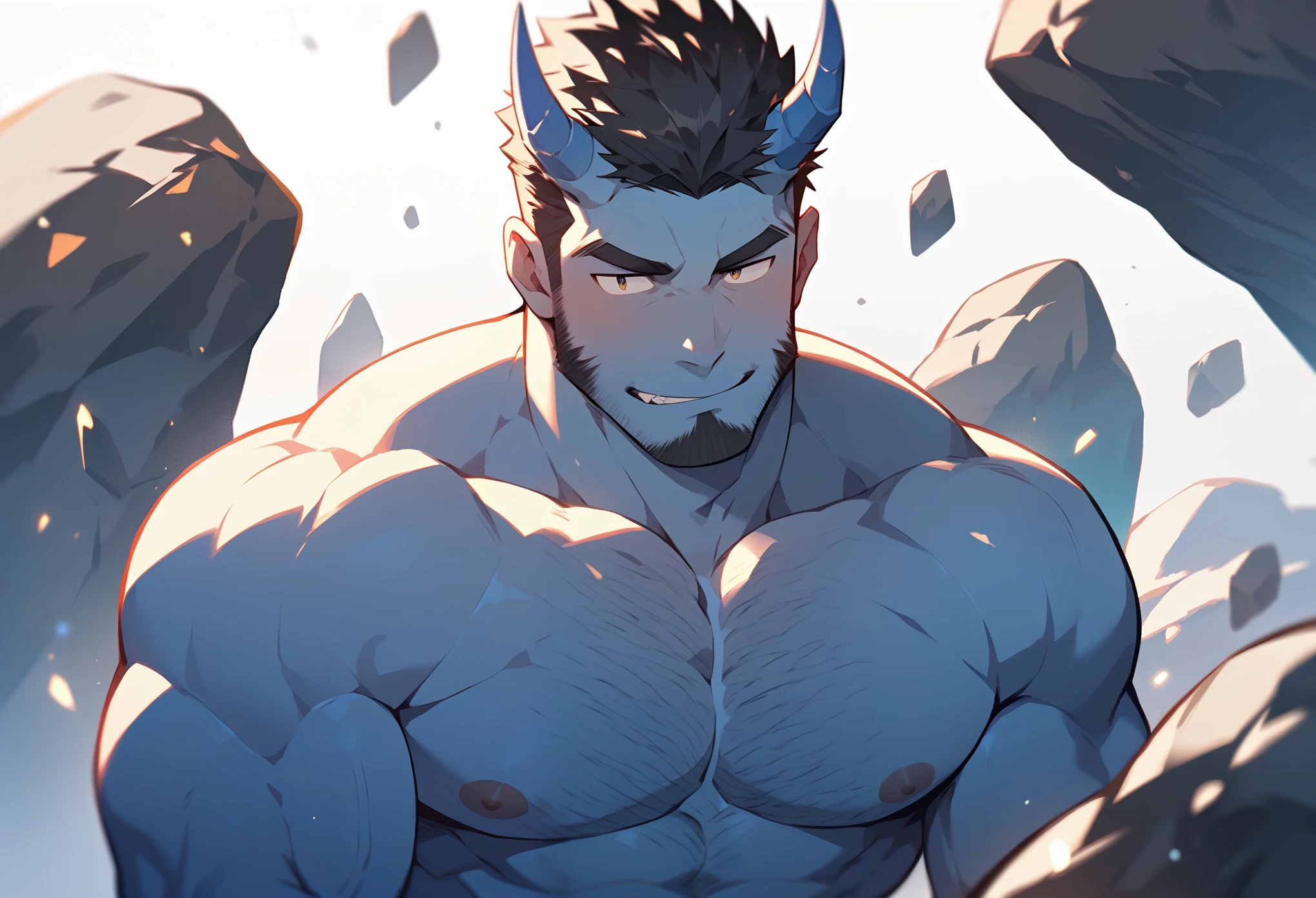 Japan, blue skinned blue demon raped by human, male, muscular, hairy, horned, naked, rocky area, thick body, big dick,