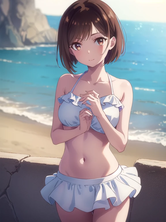 masterpiece, photo of nobarajk, short hair with large breasts and a huge ass and wearing a sports bra on a beach with sunny weather, (wet skin and hair:1.5), (light skin), (sweating) ,(beautiful scenery),(perfect face), masterpiece, blush, 1girl, solo, smooth anime cg art, sexy pose, disgruntled expression