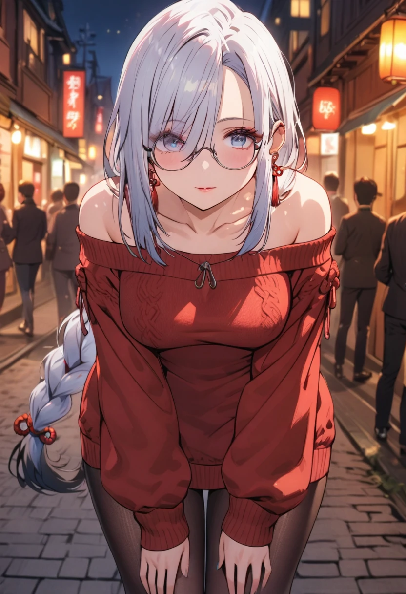 1 women, BREAK bare shoulders, collarbone, dress, long sleeves, off shoulder, off-shoulder dress, off-shoulder sweater, pantyhose, red sweater, sweater, sweater dress, thighs, long legs, big , skinny legs, anime cover, full body, shenhe, blue eyes, braided ponytail, earrings, eyelashes, eyeliner, eyes visible through hair, eyeshadow, hair between eyes, makeup, red eyeshadow, sidelocks, single earring, symbol-shaped pupils, tassel, tassel earrings, white hair, long hair, night , street, best quality, masterpiece), 1women ,4k, 8k, uhd, hdr, detailed background,mature female, wearing round glasses