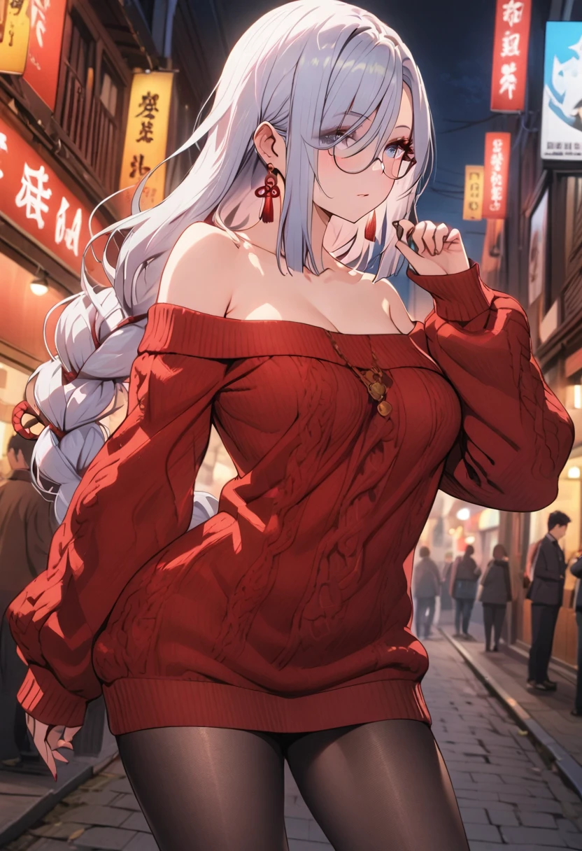 1 women, BREAK bare shoulders, collarbone, dress, long sleeves, off shoulder, off-shoulder dress, off-shoulder sweater, pantyhose, red sweater, sweater, sweater dress, thighs, long legs, big , skinny legs, anime cover, full body, shenhe, blue eyes, braided ponytail, earrings, eyelashes, eyeliner, eyes visible through hair, eyeshadow, hair between eyes, makeup, red eyeshadow, sidelocks, single earring, symbol-shaped pupils, tassel, tassel earrings, white hair, long hair, night , street, best quality, masterpiece), 1women ,4k, 8k, uhd, hdr, detailed background,mature female, wearing round glasses