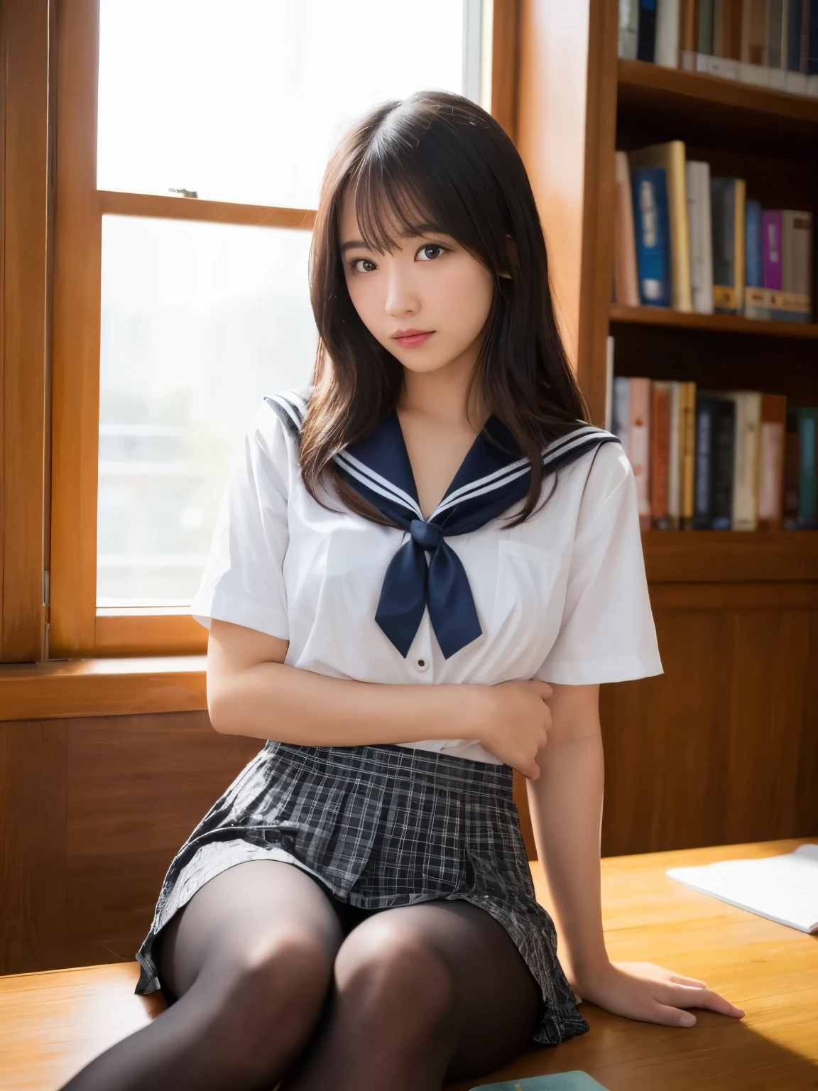 ((masterpiece,Best Quality, High resolution)), One girl, Alone, Green Eyes, Her long blonde hair is tied with a blue ribbon, Straight bangs, Sitting, Arms folded on the table, Sleeping with arms crossed, School uniform, White sailor suit, Red sailor collar, Short sleeve, White pleated skirt, Ultra-realistic pantyhose:1.3, (Inside the library), Dramatic light, By the window, afternoon light through the window, afternoon, Bokeh effect