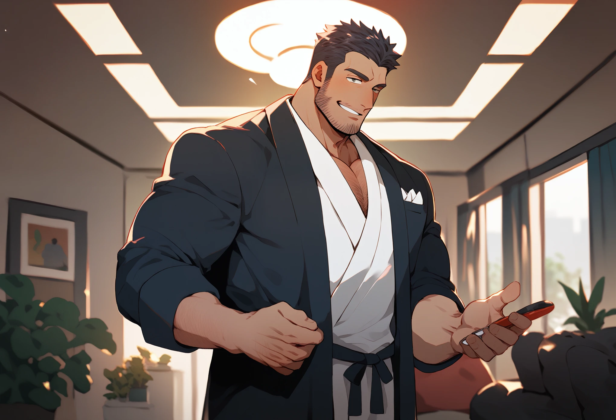 ((a skinny latino boy with a japanese maid outfit)) with beautiful detailed eyes, beautiful detailed lips, ((extremely detailed face, mustache, huge a fat pectorals, very tight breast area, thick legs,)) high quality, 4k, 8k, hyperrealistic, masterpiece, cinematic, dramatic lighting, vivid colors, photo-realistic