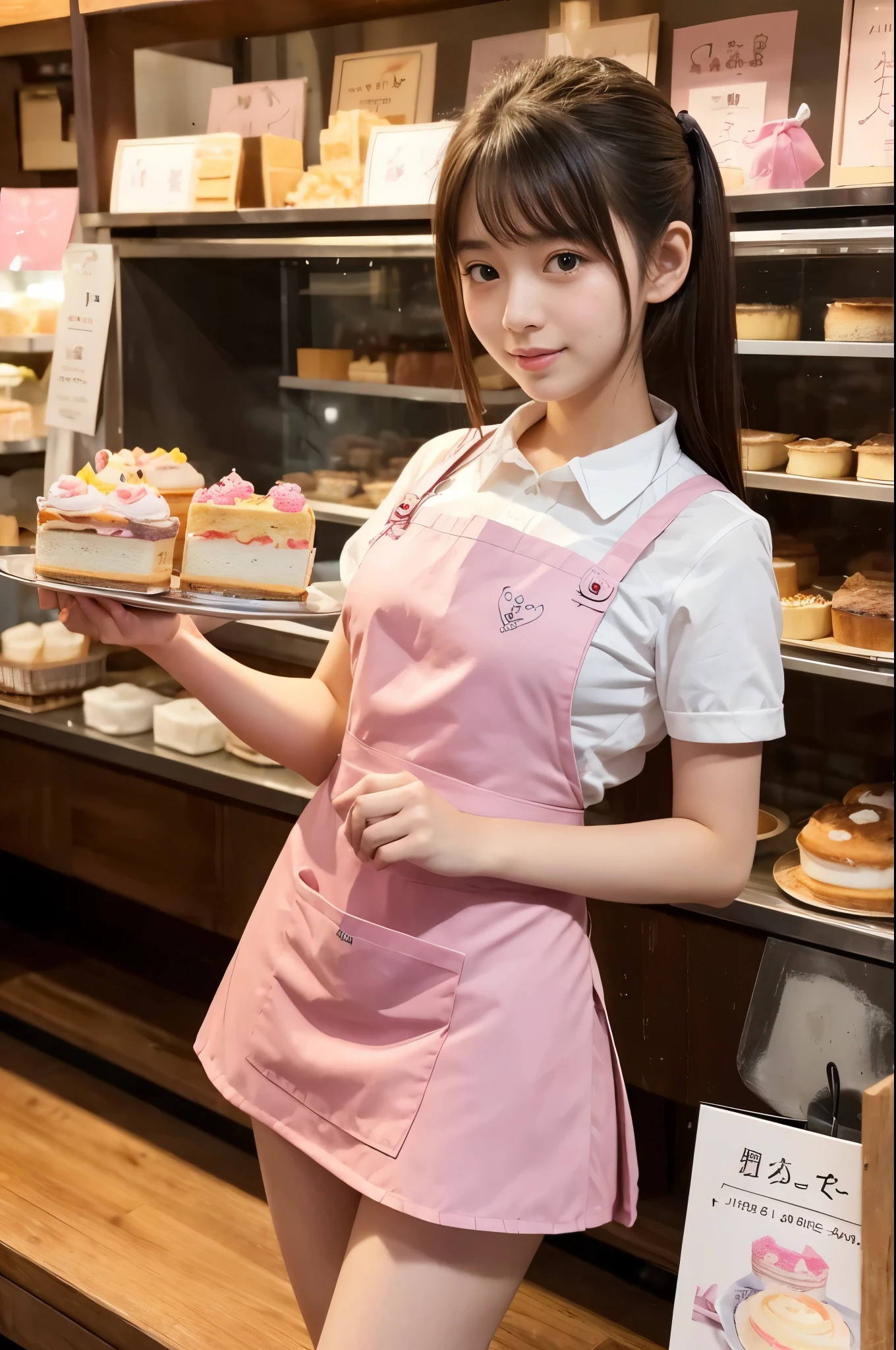 Girl with pink hair,Female shop assistant,Bakery clerk,Pastry chef,aprons,Plate in hand,(high qulity),(Delicate faces),Meaty and cute