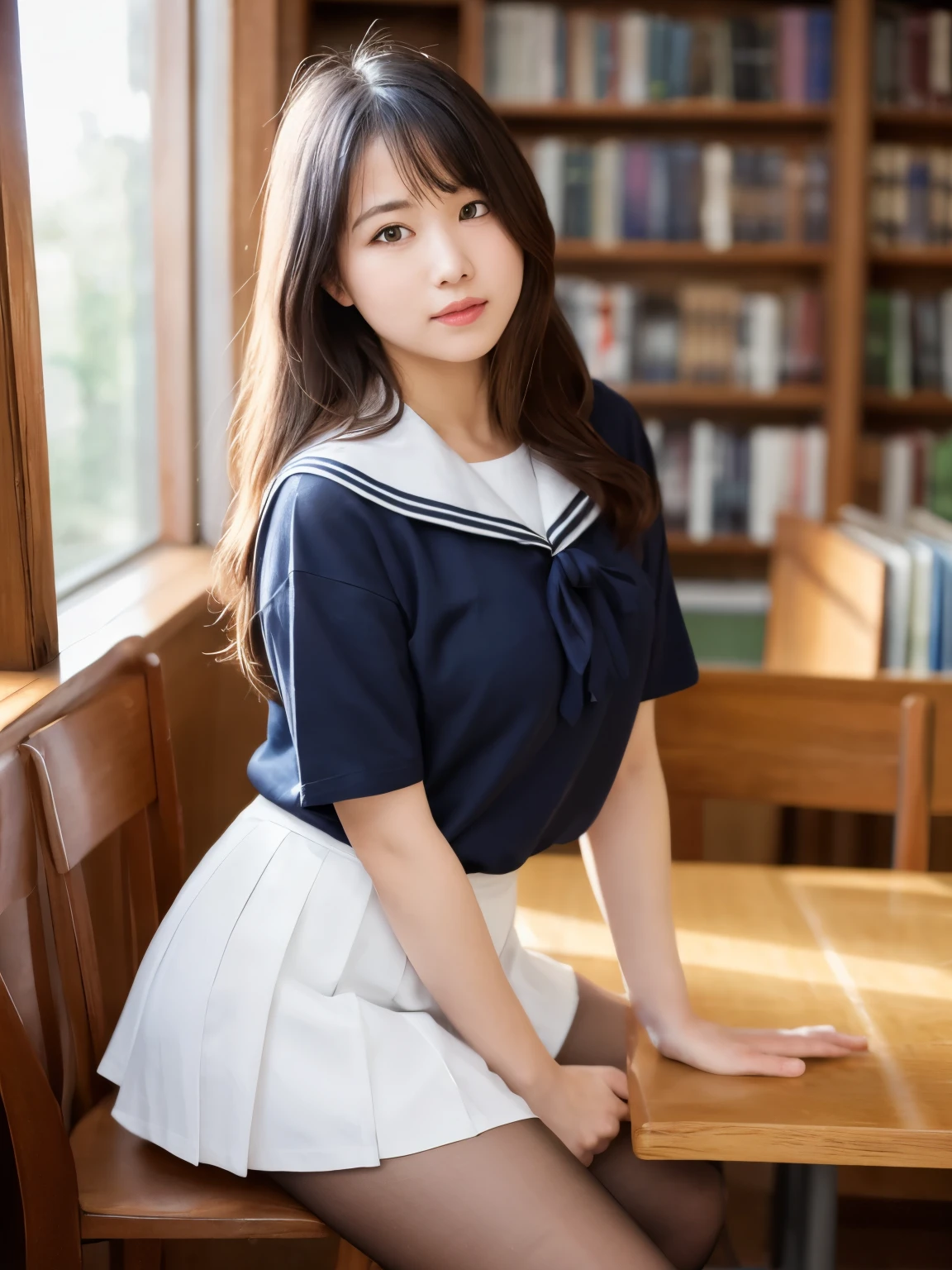 (highest quality,masterpiece:1.3,Ultra-high resolution),(Very detailed、Caustics) (Realistic:1.4, RAW shooting、)Ultra-Realistic Capture、Very detailed、Natural skin texture、masterpiece、(Japanese girls wearing high school sailor uniforms:1.3)、Pressing our chests against each other、Adorable expression、Expressions of happiness、14 years old、Height: 148cm、Young Face、Amazingly cute、Twin tail hairstyle、Straight hair、Scrunchie、Black Hair、light makeup、Slightly large breasts、Bare arms、Shining thighs、Shining ass、Filmed in a junior high school classroom、Background in detail、(Spread your legs) 、I can see her panties、smile、An inviting gaze、Anatomically correct、Cowboy Shot、Attention to detail、Pose that emphasizes the legs、