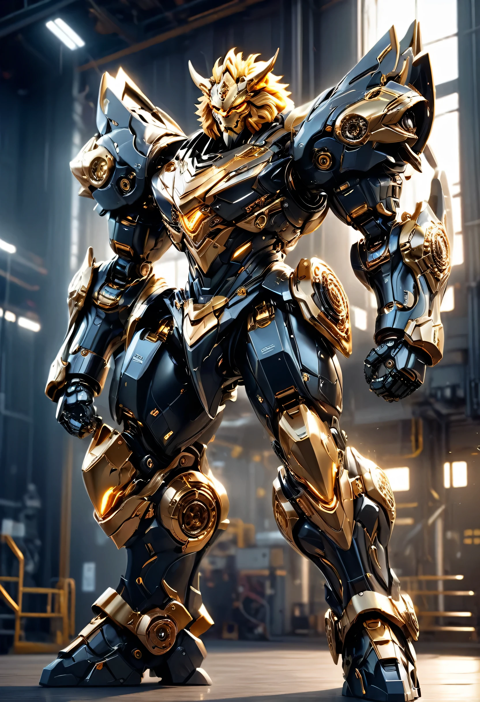 1 black mecha lion, highly detailed, hyper realistic, gold accents, cinematic lighting, photorealistic, 8k, best quality, intricate gears and machinery, powerful pose, glowing eyes, shiny metallic surfaces, dramatic shadows, depth of field, elegant design, dynamic composition, full body